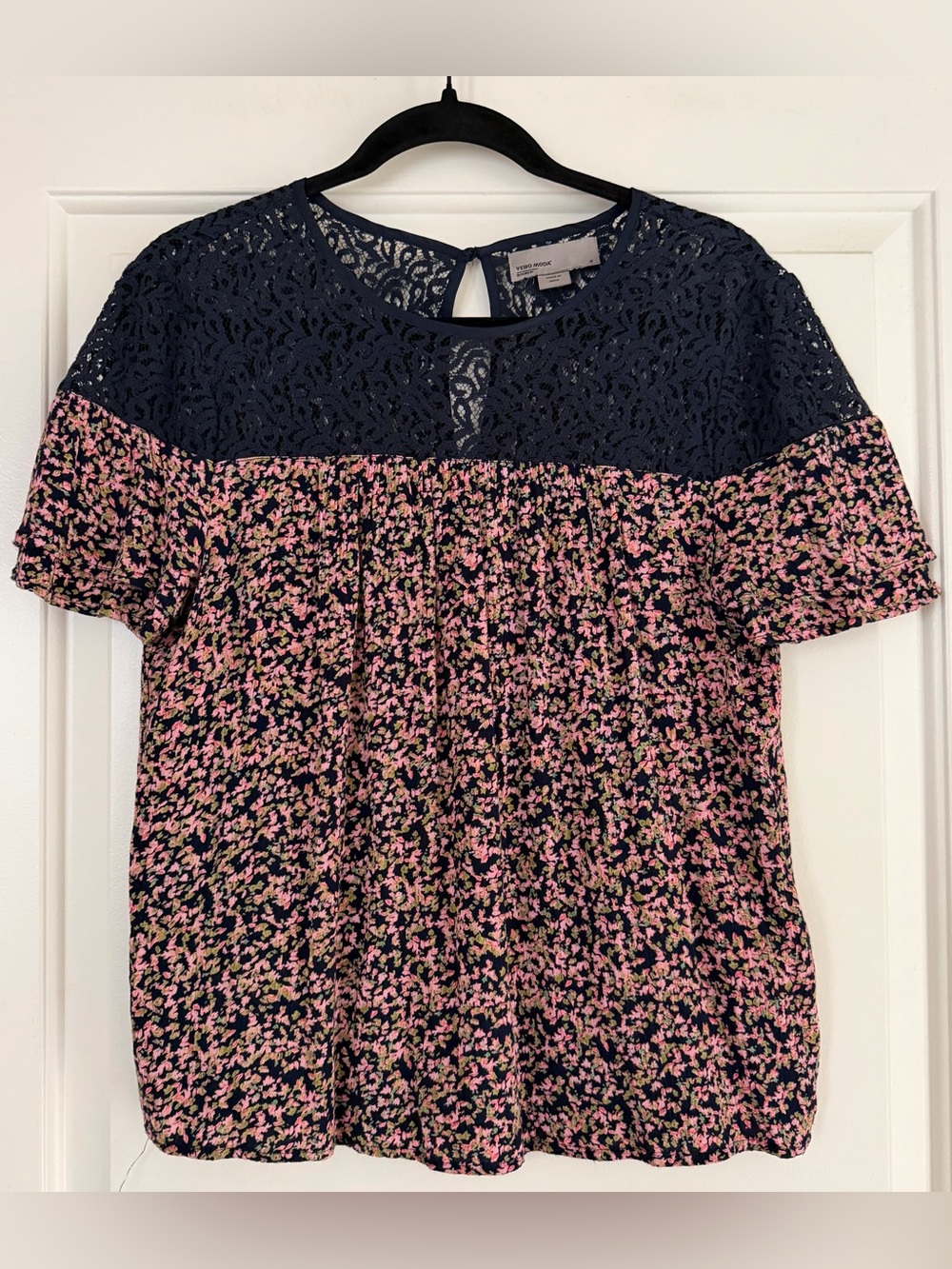 Vero Moda Navy Lace Yoke Pink Floral Blouse